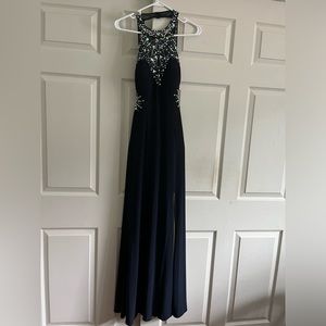 Navy blue, backless prom dress.